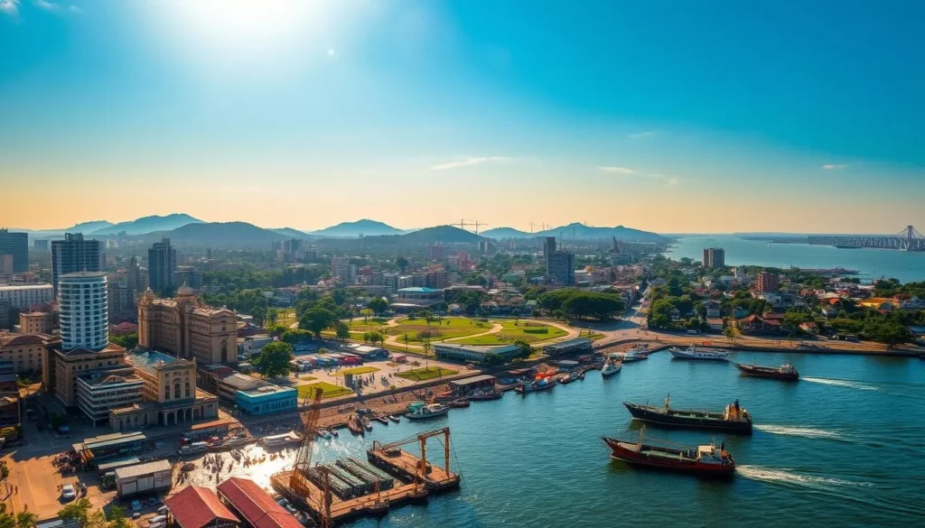 A bustling coastal cityscape of Chittagong, Bangladesh, nestled between the Karnaphuli River and the shimmering Bay of Bengal. Towering high-rises, historic colonial buildings, and vibrant markets dot the landscape, bathed in the warm glow of a sun-dappled afternoon. In the foreground, bustling docks teem with activity as cargo ships and fishing boats glide across the tranquil waters. The middle ground reveals lush green hills and verdant parks, while the background showcases the majestic Chattogram Hill Tracts, their peaks kissed by wispy clouds. Capture the energy, history, and natural beauty of this captivating port city through a cinematic, wide-angle lens that immerses the viewer in the sights and sounds of Chittagong.