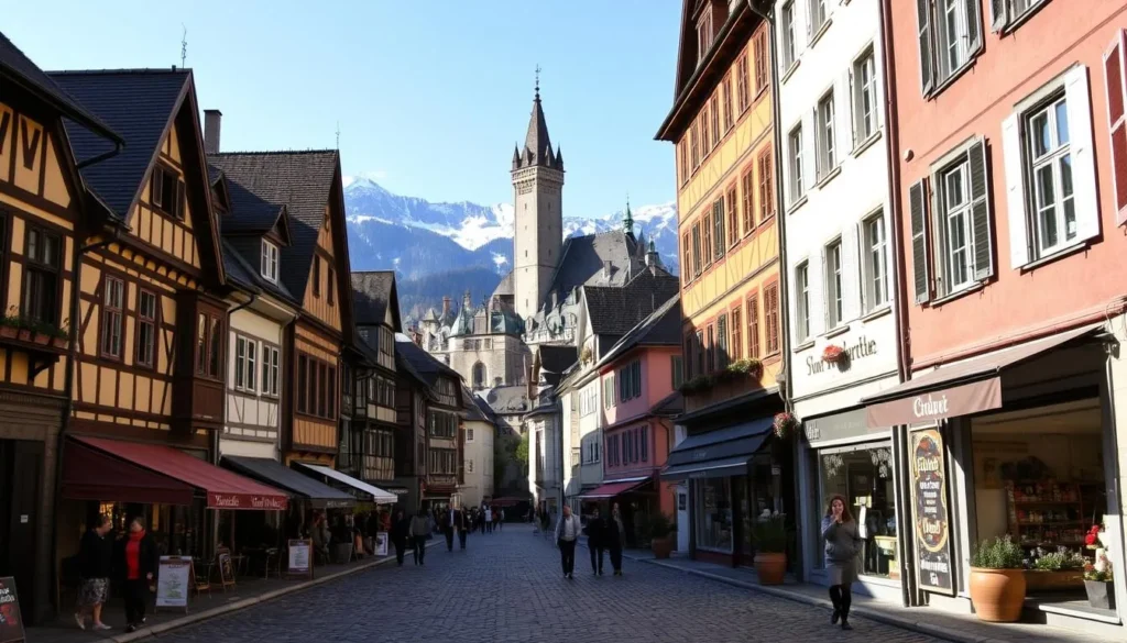 A bustling cobblestone street in the picturesque Old Town of Thun, Switzerland. Charming medieval buildings with vibrant facades line the road, their ornate architecture casting long shadows under the warm afternoon sun. Quaint shops and cafes spill out onto the sidewalks, locals and tourists alike strolling leisurely and browsing the enticing displays. In the distance, the majestic Thun Castle towers over the scene, its imposing silhouette framed by the snow-capped peaks of the Bernese Alps. A serene and timeless atmosphere pervades the historic district, inviting the viewer to wander and discover the unique character of this picturesque Swiss town.