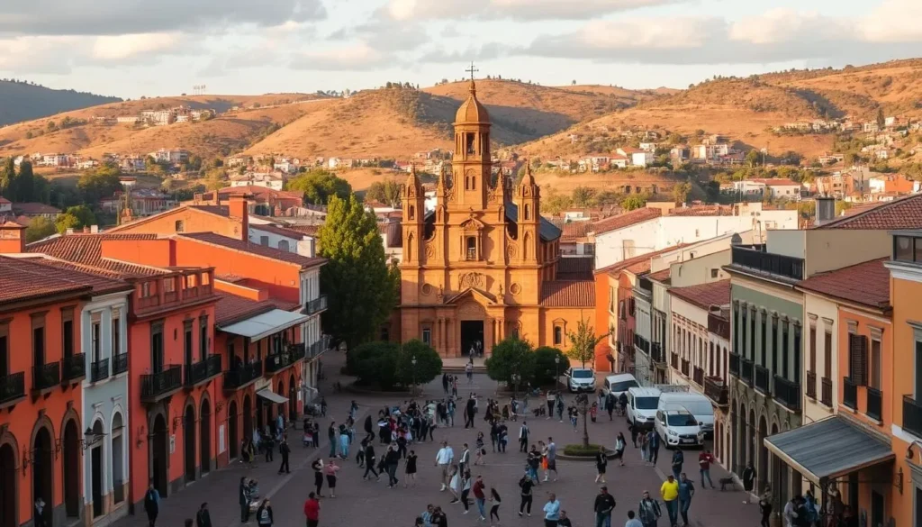 A bustling colonial city nestled in the heart of Mexico's central highlands, Santiago de Querétaro showcases its rich history and vibrant culture. Capture the charming plaza surrounded by ornate 18th-century buildings, their warm ochre and terracotta hues bathed in golden afternoon light. In the foreground, locals and visitors mingle, enjoying the lively atmosphere. In the middle ground, the towering baroque-style cathedral stands tall, its intricate façade a testament to the region's architectural heritage. Beyond, rolling hills dotted with haciendas and lush vegetation provide a picturesque backdrop, creating a sense of timeless tranquility. Convey the essence of this hidden colonial gem, where the past and present seamlessly intertwine.