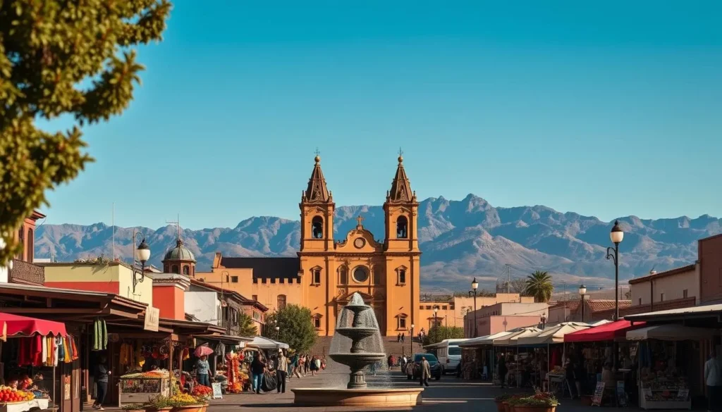 A bustling colonial-era city nestled in the rugged mountains of northern Mexico, Chihuahua City is a vibrant tapestry of adobe architecture, cobblestone streets, and lively plazas. In the foreground, sun-dappled fountains and colorful market stalls brim with local crafts and produce. The middle ground showcases the iconic twin-spired Cathedral of Chihuahua, its ornate façade bathed in warm, golden light. In the distance, the hazy outline of the majestic Sierra Madre mountains provides a dramatic backdrop, their jagged peaks reaching towards a cloudless azure sky. An aura of history, culture, and natural beauty permeates the scene, inviting the viewer to discover the charm and splendor of this Northern Mexican gem.