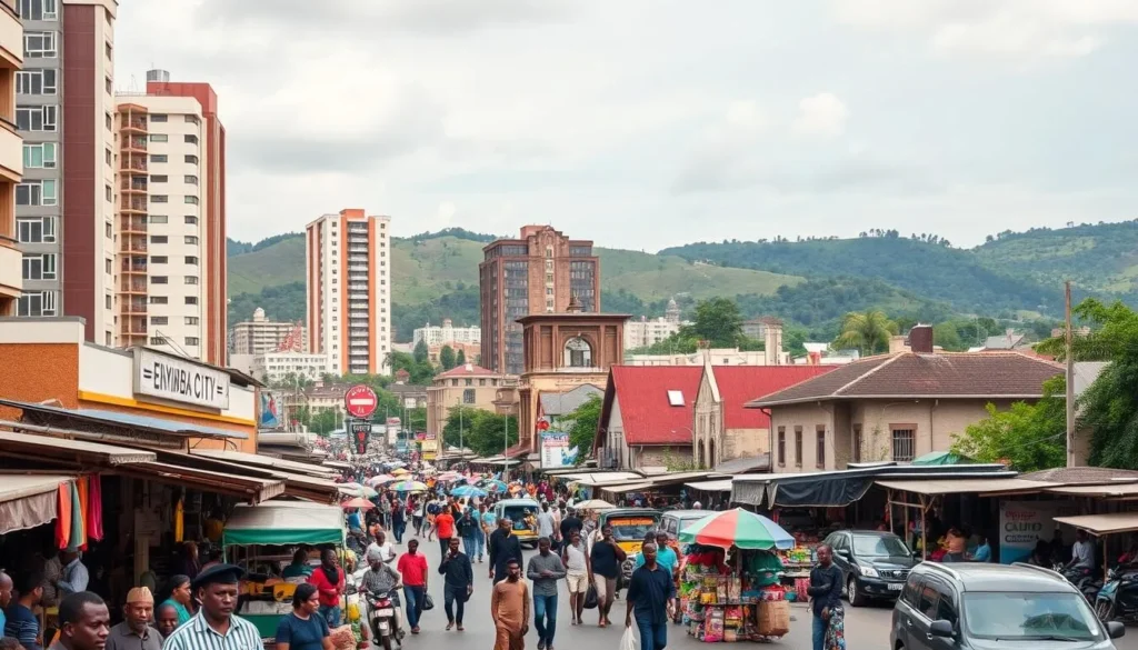 A bustling commercial center in Abia State, Nigeria, Enyimba City thrives with a vibrant atmosphere. In the foreground, capture the lively street market, brimming with colorful stalls and haggling vendors. Middle ground showcases the architectural mix of modern high-rises and charming colonial-style buildings. In the background, rolling hills and lush greenery provide a serene backdrop, contrasting with the urban energy. Imbue the scene with warm, natural lighting, conveying a sense of industry and enterprise. Utilize a wide-angle lens to encompass the dynamic cityscape, highlighting Enyimba's status as Nigeria's commercial hub.