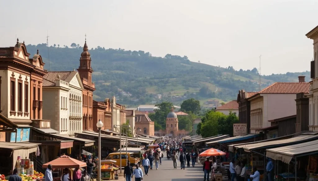 A bustling commercial district in Malawi, Blantyre-Limbe is a vibrant urban hub captured in warm afternoon light. In the foreground, lively street markets brim with colorful produce and wares, while pedestrians and vendors go about their daily routines. In the middle ground, colonial-era buildings with ornate facades line the streets, their weathered walls and tiled roofs radiating a sense of history. Beyond, the hilly terrain rises, dotted with lush greenery and the occasional spire of a religious structure. An atmospheric scene that conveys the energy and character of this historic commercial center.