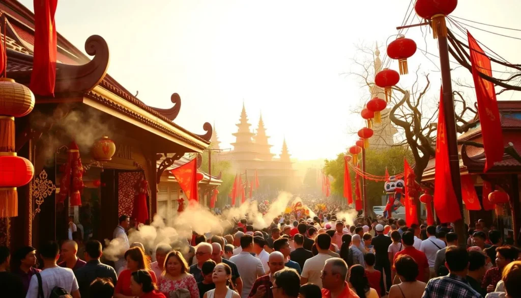 A bustling crowd gathers amidst vibrant red and gold decorations, celebrating the annual Ba Thien Hau Pagoda Festival in Ho Chi Minh City. In the foreground, intricate lanterns and incense waft gentle smoke, as devotees make offerings at the ornate temple entrance. In the middle ground, colorful lion and dragon dances weave through the throng, their movements energetic and graceful. Beyond, the pagoda's pagodas and spires rise majestically, bathed in warm, golden sunlight that casts a serene, spiritual atmosphere over the scene. The overall mood is one of reverence, tradition, and joyous celebration.
