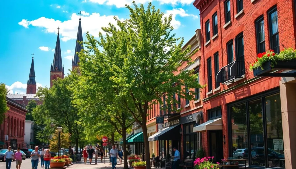 A bustling downtown Toledo neighborhood, bathed in warm afternoon sunlight. Quaint brick buildings line the streets, their facades adorned with charming architectural details. Pedestrians stroll along the sidewalks, window-shopping at local boutiques and cafes. Lush street trees provide dappled shade, while colorful flower beds add pops of vibrant hues. In the distance, the iconic spires of historic churches rise into a cloudless azure sky. The scene conveys a sense of community, a vibrant urban setting ripe for exploration and discovery.
