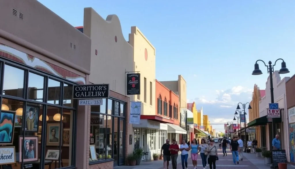 A bustling downtown area in Truth or Consequences, New Mexico, with a cluster of contemporary art galleries showcasing local and regional artists. The galleries have large windows, inviting passersby to explore the vibrant displays inside. The streets are lined with quaint shops, cafes, and murals, creating a lively and artistic atmosphere. Soft natural lighting filters through the buildings, casting a warm glow on the scene. People stroll along the sidewalks, taking in the unique blend of Southwestern and modern aesthetics. The overall mood is one of creative energy and community pride in the town's thriving arts scene.