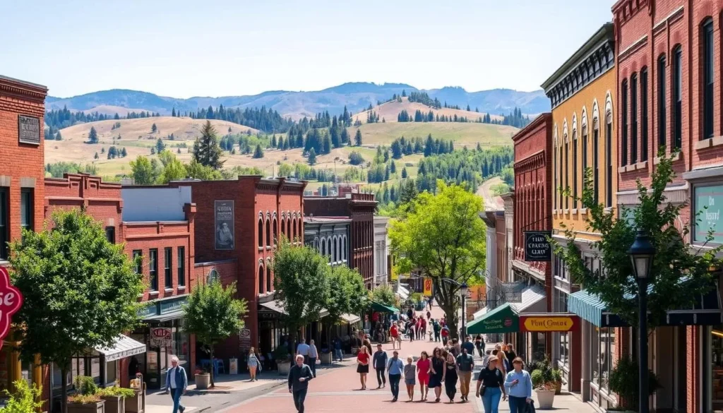 A bustling downtown scene in Ashland, Oregon on a bright, sunny day. Capture the charming brick buildings, quaint storefronts, and tree-lined streets. Showcasethe historic architecture, with ornate facades and large display windows. Include pedestrians strolling along the sidewalks, enjoying the lively atmosphere. In the background, glimpse the rolling hills and distant mountains that surround the town. Use a wide-angle lens to convey the vibrant energy and scale of the downtown area. The lighting should be natural and warm, highlighting the inviting character of this picturesque small-town setting.