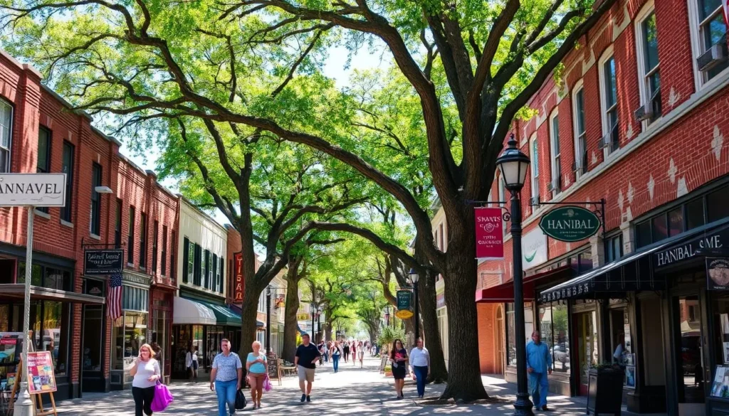 A bustling downtown street in Hannibal, Missouri, on a bright, sunny day. Charming brick storefronts line the sidewalks, their facades adorned with quaint signs and decorative elements. Pedestrians stroll leisurely, window-shopping and exploring the eclectic mix of boutiques, antique shops, and local eateries. Towering old-growth trees cast dappled shadows, and decorative lampposts illuminate the scene. The atmosphere is lively yet relaxed, capturing the historic character and small-town charm of this Mississippi River town.