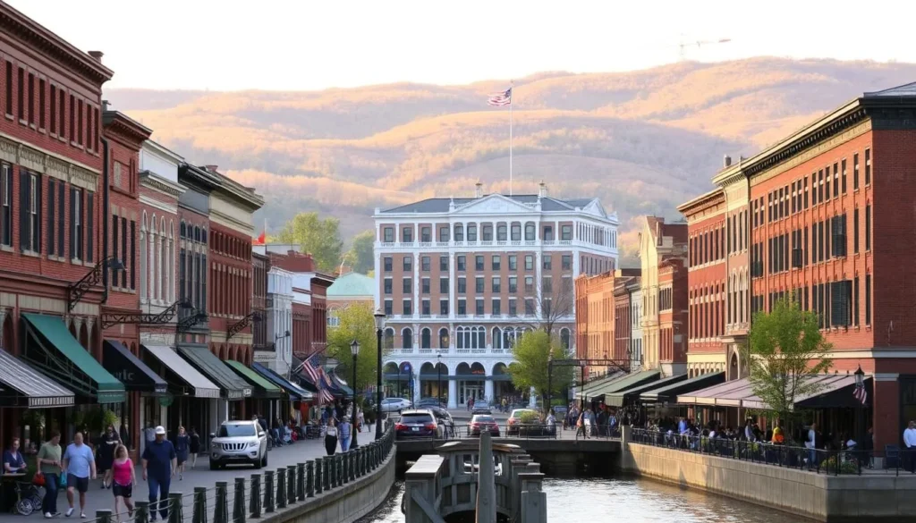 A bustling downtown with historic brick buildings, quaint shops, and lively sidewalk cafes. In the foreground, people stroll along the picturesque riverfront, taking in the serene views of the Ohio River. The middle ground features the iconic Lafayette Hotel, its grand architecture a testament to Marietta's rich heritage. In the background, the rolling hills of the Appalachian foothills create a picturesque backdrop, bathed in warm, golden sunlight. The scene conveys a sense of small-town charm and inviting, relaxed atmosphere, capturing the essence of Marietta, Ohio's best attractions.