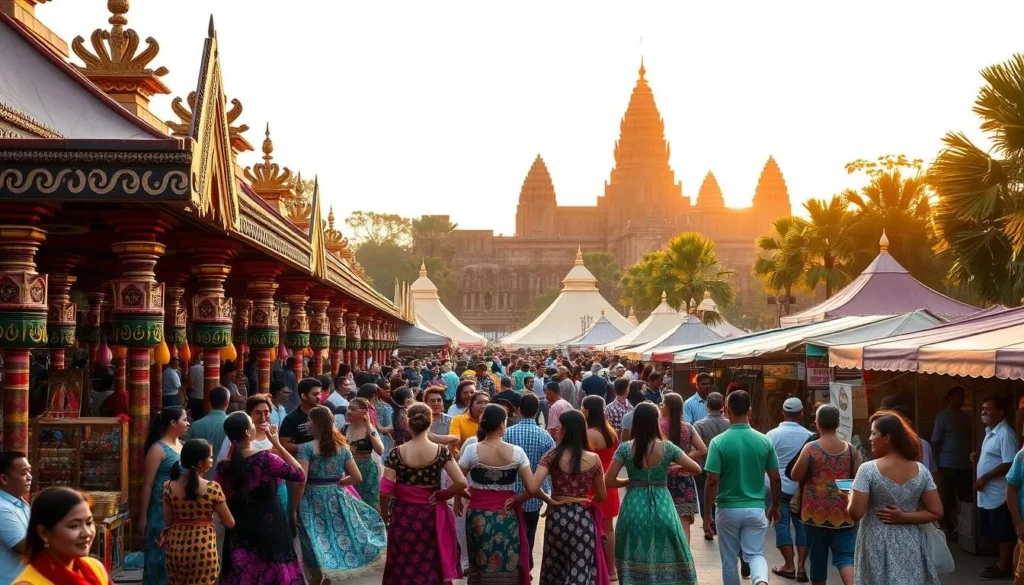 A bustling festival in Siem Reap, Cambodia, featuring colorful pavilions, ornate temples, and lively crowds. In the foreground, people in traditional dress dance and celebrate, their vibrant costumes swirling. In the middle ground, vendors sell artisanal crafts and fragrant street food. The background showcases the iconic Angkor Wat, its ancient stone towers silhouetted against a golden sky. Warm sunlight casts a festive glow, evoking the joyous atmosphere of this cultural celebration. Capture the energy and cultural richness of Siem Reap's captivating festivals.
