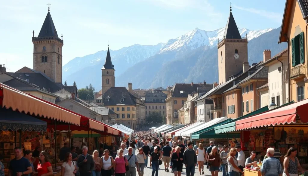 A bustling festival in the picturesque town of Bellinzona, Switzerland on a bright, sunny day. In the foreground, colorful tents and booths line the cobblestone streets, filled with local artisans selling handcrafted wares and traditional cuisine. Crowds of people wander the lively scene, their laughter and chatter creating a joyful atmosphere. In the middle ground, the historic towers and castles of Bellinzona's UNESCO-listed old town loom majestically, casting shadows over the festivities. In the background, the snow-capped peaks of the Swiss Alps rise up, providing a stunning natural backdrop to the vibrant festival. The lighting is warm and inviting, with a soft, golden glow illuminating the entire scene.