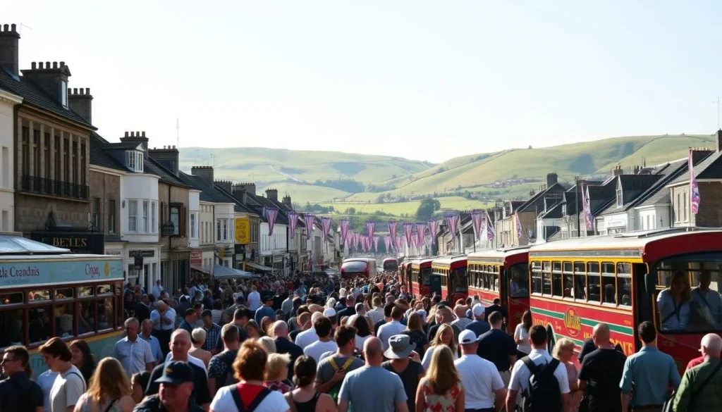 A bustling festival scene in Ulster, Ireland on a sunny day. In the foreground, a crowd of people eagerly waits to board colorful buses and trolleys, ready to explore the various festival venues. The middle ground features an array of historic architecture and quaint local shops, their facades adorned with festive banners and flags. In the background, rolling green hills and a clear blue sky create a picturesque backdrop, setting the stage for a vibrant and lively celebration. The lighting is warm and natural, casting a golden glow over the entire scene. The overall atmosphere is one of excitement, community, and a deep appreciation for Ulster's rich cultural heritage.
