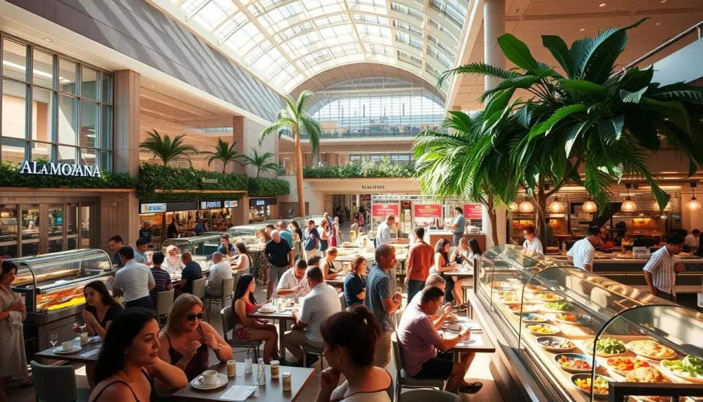 A bustling food court at Ala Moana Center, Oahu's premier shopping destination. Sunlight streams through the vast atrium, illuminating a diverse array of dining options. In the foreground, people enjoy freshly prepared meals at intimate tables, while the middle ground showcases a variety of cuisines - from Hawaiian-inspired fare to international delights. In the background, modern architecture and lush greenery create a vibrant, welcoming atmosphere. Capture the energy and culinary diversity of this premier shopping center, where visitors can savor delectable dishes to satisfy every palate.