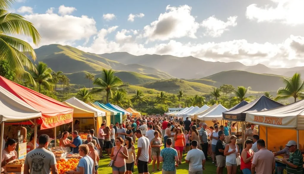 A bustling food festival on the lush, verdant landscape of Hawaii's Big Island. In the foreground, vendors enthusiastically serve up an array of mouthwatering local delicacies - fresh seafood, tropical fruits, and fragrant island spices. The middle ground is alive with an energetic crowd, meandering between colorful tents and stalls, chatting and sampling the diverse culinary offerings. In the background, rolling hills and palm trees sway gently under a bright, sun-dappled sky, creating a tranquil, yet vibrant atmosphere. Warm, soft lighting bathes the scene, capturing the inviting, festive spirit of this celebration of Hawaii's rich cultural heritage and culinary traditions.