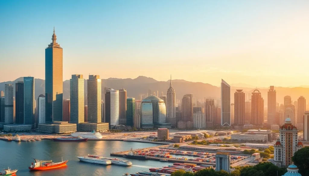 A bustling harbor city nestled along the southwestern coast of Taiwan, Gaoxiong (also known as Kaohsiung) comes alive in this sweeping cityscape. Imagine towering skyscrapers and modern high-rises reflecting the warm golden light of the sun, their sleek glass facades glimmering against a clear azure sky. In the foreground, a bustling harbor bustles with activity, fishing boats and cargo ships dotting the glistening waters. In the middle distance, lush green hills rise up, their verdant slopes contrasting with the urban landscape. The overall scene conveys a sense of vibrancy and growth, showcasing Gaoxiong's dynamic blend of modernity and natural beauty.
