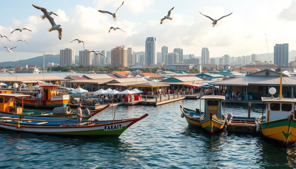 A bustling harbor in General Santos City, Philippines, the Tuna Capital of the country. In the foreground, vibrant fishing boats sway gently, their hulls adorned with colorful designs. Seagulls soar overhead, casting shadows on the calm, azure waters. In the middle ground, a bustling marketplace teems with activity, vendors selling the freshest tuna and other seafood. In the background, the city skyline rises, a blend of modern high-rises and traditional Filipino architecture, all bathed in warm, golden sunlight. The scene exudes a lively, dynamic energy, capturing the essence of this thriving coastal metropolis.