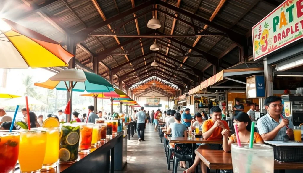 A bustling hawker center in Singapore, with a vibrant array of drink stalls and locals enjoying refreshing beverages. Sunlight filters through the open-air pavilion, casting a warm glow over the scene. Colorful umbrellas and awnings provide shade, while the chatter of conversations and the clink of glasses create a lively atmosphere. In the foreground, a variety of drinks are displayed, from tropical fruit juices to chilled teas and traditional drinks like ice-cold kopi. The middle ground features patrons sipping their beverages, relaxing at the communal tables and basking in the convivial ambiance. The background showcases the architectural details of the hawker center, with its distinctive roofline and bustling activity. Crisp, high-resolution image with natural lighting and a depth of field that draws the viewer's attention to the vibrant drinks on offer.