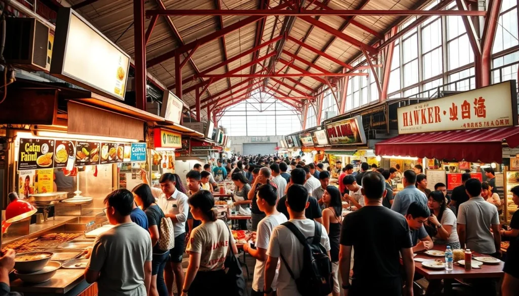A bustling hawker center in Singapore, with an array of vibrant food stalls and lively crowds. Capture the energetic atmosphere, with vendors skillfully preparing local delicacies under the warm, natural light filtering through the open-air structure. Showcase the diverse culinary offerings, from sizzling satay to steaming noodle dishes, as patrons eagerly line up to sample the tantalizing fare. Depict the communal seating areas, where diners from all walks of life come together to savor the flavors of this iconic Singaporean food culture. Convey a sense of motion and sensory excitement, reflecting the unique world of Singapore's hawker centers.