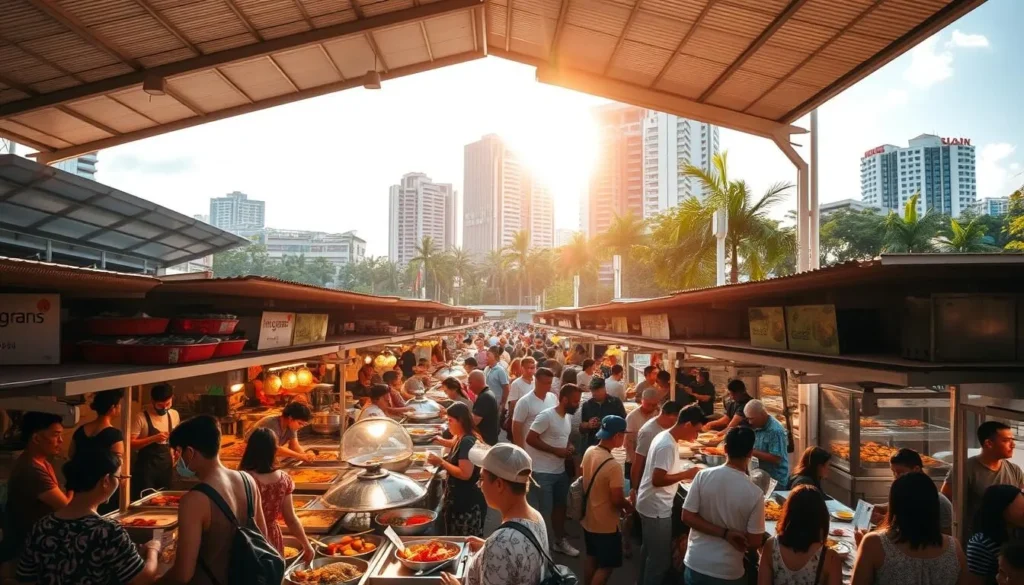 A bustling hawker center in Singapore, with rows of vibrant food stalls under a sprawling roof. The warm sunlight filters through the open-air pavilion, casting a golden glow over the lively scene. In the foreground, customers queue eagerly at their favorite stalls, the aroma of sizzling dishes and aromatic spices filling the air. Vendors skillfully prepare an array of local delicacies, from steaming bowls of laksa to fragrant char kway teow. The middle ground is a tapestry of diverse faces, locals and tourists alike, enjoying the convivial atmosphere and the shared experience of savoring Singapore's renowned hawker fare. In the background, modern high-rises and lush greenery provide a striking contrast, highlighting the unique blend of tradition and modernity that defines Singapore's vibrant hawker culture.