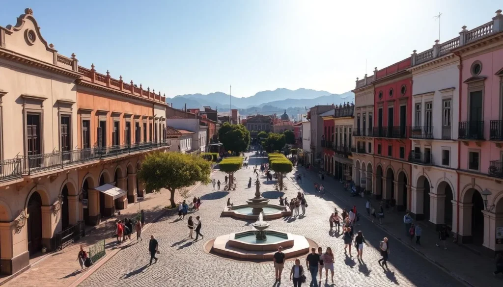 A bustling historic center in Xalapa, Mexico, bathed in warm afternoon sunlight. Cobblestone streets lined with colonial-era buildings in pastel hues, their ornate facades and wrought-iron balconies casting long shadows. In the middle ground, a central plaza with a grand fountain and shade-giving trees, surrounded by locals and tourists strolling leisurely. In the background, the silhouettes of distant hills and mountains rise up, creating a picturesque setting. The scene exudes a timeless, charming atmosphere, inviting the viewer to explore the rich history and culture of this vibrant Mexican city.