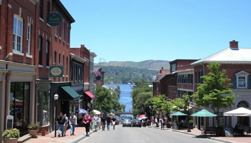 A bustling historic downtown in Lambertville, New Jersey, on a pleasant sunny day. Charming 19th-century brick buildings line the streets, their facades adorned with intricate architectural details. Pedestrians stroll along the sidewalks, admiring the quaint boutiques, antique shops, and local eateries. In the middle ground, the Delaware River flows calmly, its banks dotted with lush greenery. In the background, rolling hills and a clear blue sky create a picturesque setting, evoking a sense of tranquility and small-town appeal. The scene is captured with a wide-angle lens, showcasing the historic district's cohesive and well-preserved character.