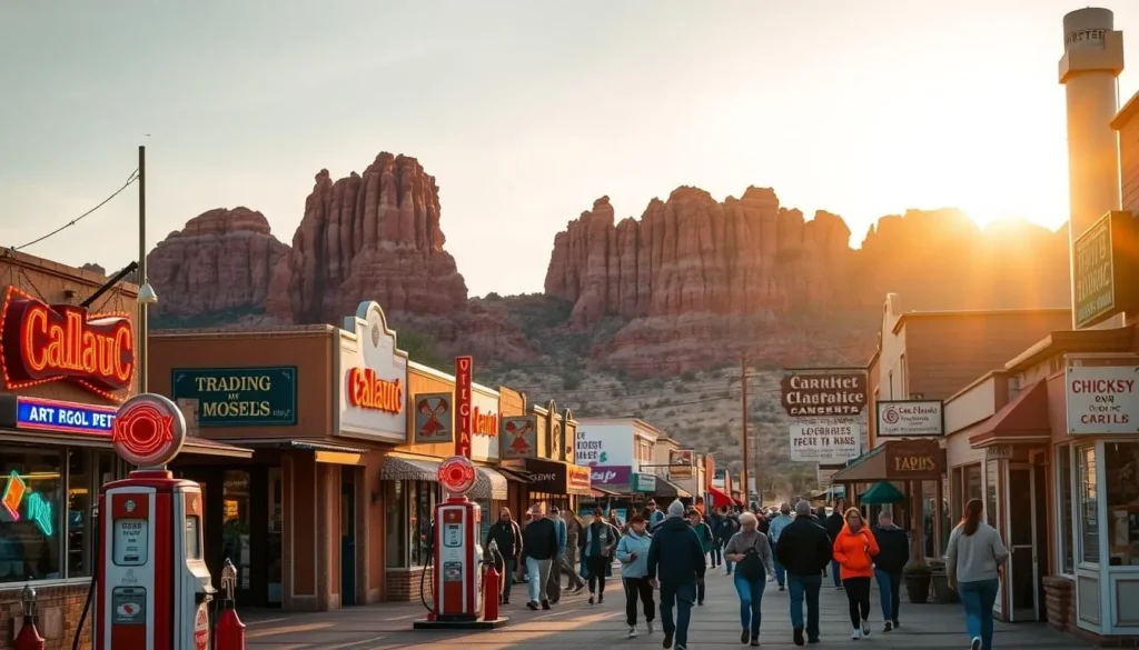 A bustling main street in Gallup, New Mexico, with quirky, vintage-inspired storefronts and neon signs against a backdrop of rugged, red rock formations. In the foreground, an old-fashioned gas station with classic Americana flair, its pumps adorned with retro-style branding. Passersby explore the eclectic mix of art galleries, trading posts, and quirky museums, all bathed in the warm, golden light of the Southwestern sun. The scene captures the unique blend of modern and historic that defines the character of this vibrant, artistic community.