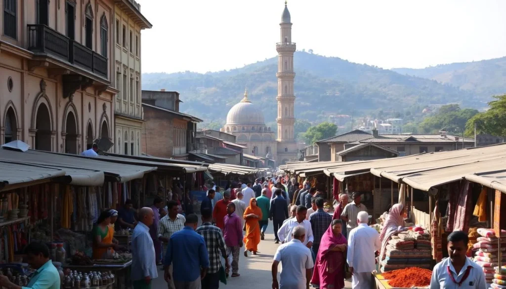A bustling market in Bogra, Bangladesh, its stalls filled with vibrant textiles, spices, and handcrafted wares. In the foreground, vendors haggle with shoppers against a backdrop of colonial-era buildings, their ornate facades casting long shadows in the warm afternoon sun. In the middle ground, a historic mosque's towering minaret rises above the bustling scene, its intricate architecture a testament to the region's rich cultural heritage. The distant horizon is dotted with lush, verdant hills, hinting at the natural beauty that surrounds this historic town, the perfect setting for "Discovering Bogra: Bangladesh's Historical Gem".