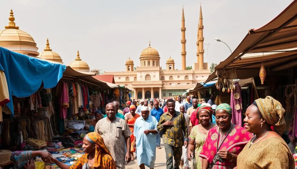 A bustling market in the heart of Sokoto, Nigeria. In the foreground, vibrant stalls display an array of traditional textiles, intricate leatherwork, and gleaming jewelry. Vendors engage in lively negotiations, their animated gestures and warm smiles inviting visitors to explore. The middle ground reveals the majestic Sokoto Palace, its domed roofs and ornate architecture a testament to the region's rich cultural heritage. Pedestrians weave through the busy streets, their colorful garments and friendly expressions creating a welcoming atmosphere. The background is filled with the towering minarets of the Sokoto Juma'a Mosque, their elegant silhouettes bathed in the soft, golden light of a sun-dappled afternoon.
