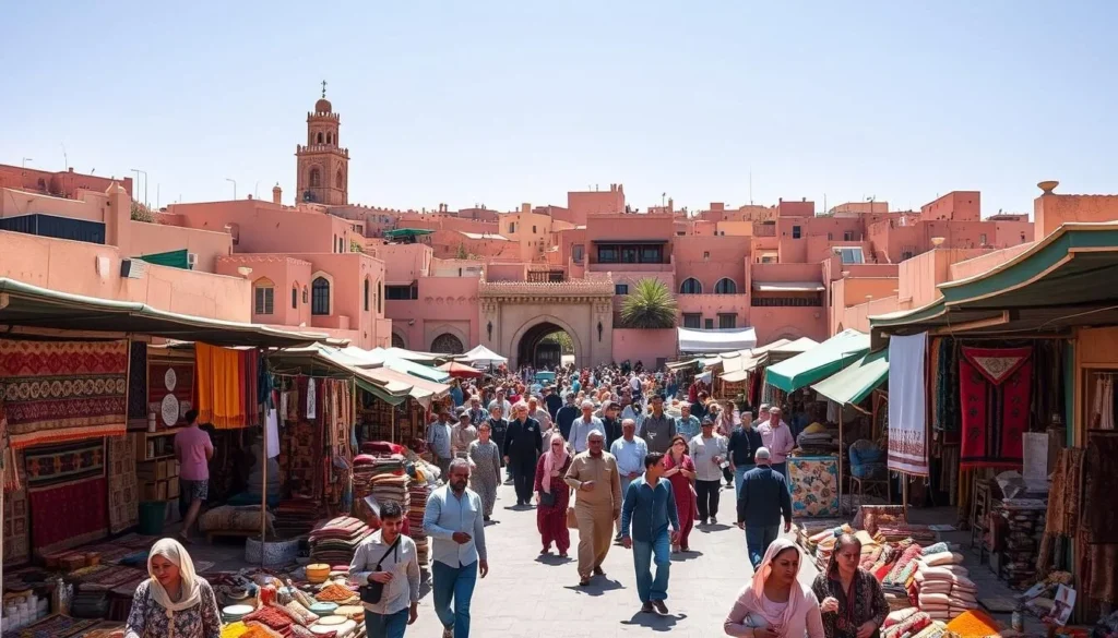A bustling market square in Marrakech, Morocco, on a bright and sunny day. In the foreground, a vibrant array of handwoven rugs, spices, and traditional handicrafts are displayed by local merchants. In the middle ground, pedestrians weave through the throngs of people, their colorful djellabas and headscarves creating a lively tapestry. In the background, the iconic pink-hued buildings of the old city rise up, their intricate architecture and ornate details casting long shadows across the scene. The air is filled with the aroma of freshly brewed mint tea and the sounds of haggling and laughter, creating an immersive and authentic experience of Marrakech's captivating city life.