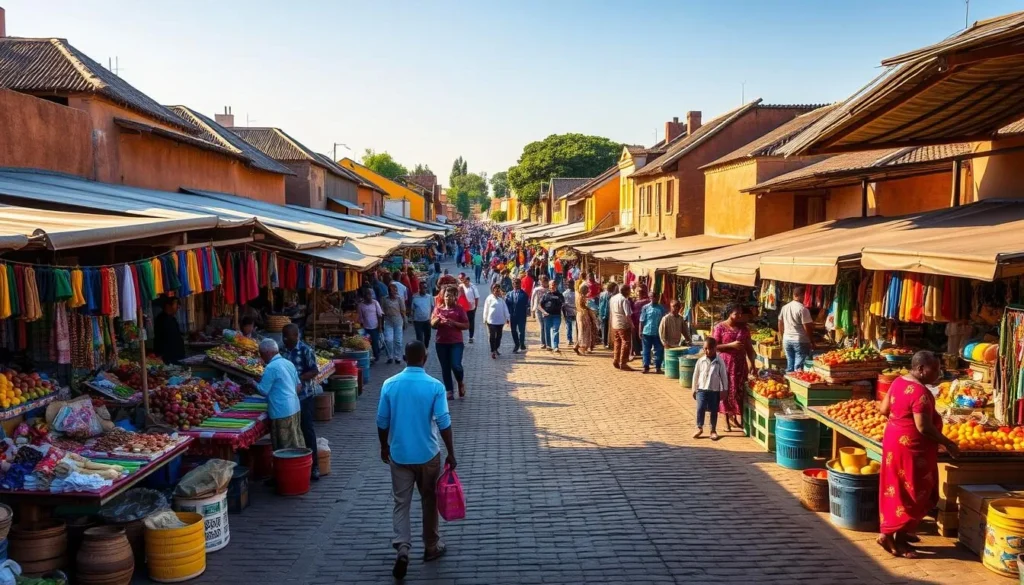 A bustling market square in Nampula, Mozambique, filled with vibrant stalls and local vendors selling an array of colorful produce, textiles, and handmade crafts. The scene is bathed in warm, golden sunlight, casting long shadows across the cobblestone ground. In the background, traditional mud-brick buildings with thatched roofs line the streets, conveying the town's rich cultural heritage. Groups of people mingle and interact, creating a lively, energetic atmosphere. The image should capture the essence of Nampula as a thriving northern hub, where the sights, sounds, and smells of everyday life in Mozambique converge.