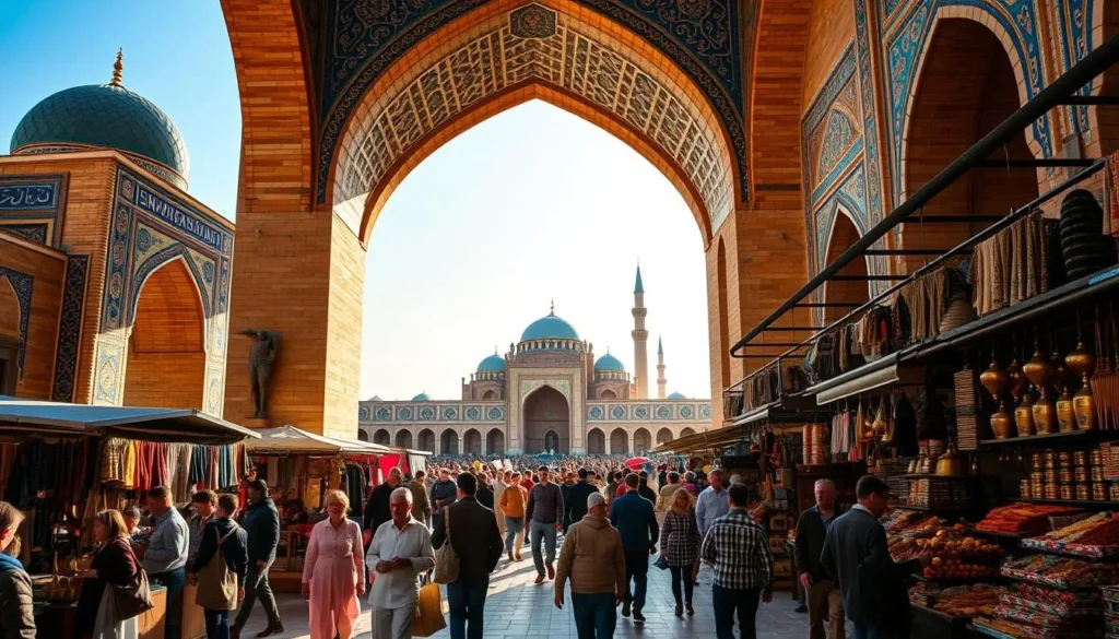 A bustling market square in the heart of ancient Samarkand, Uzbekistan. Vendors in traditional dress sell their wares beneath the towering Registan, its ornate blue-tiled domes and arches casting long shadows across the busy scene. Locals mingle with curious tourists, haggling over handcrafted textiles, brass cookware, and fragrant spices. Warm sunlight filters through the archways, illuminating the vibrant colors and textures. The air is filled with the scents of sizzling kebabs, freshly baked bread, and exotic perfumes. In the distance, the minarets of Bibi-Khanym Mosque pierce the sky, a testament to Samarkand's storied past as a crossroads of culture and commerce along the ancient Silk Road.
