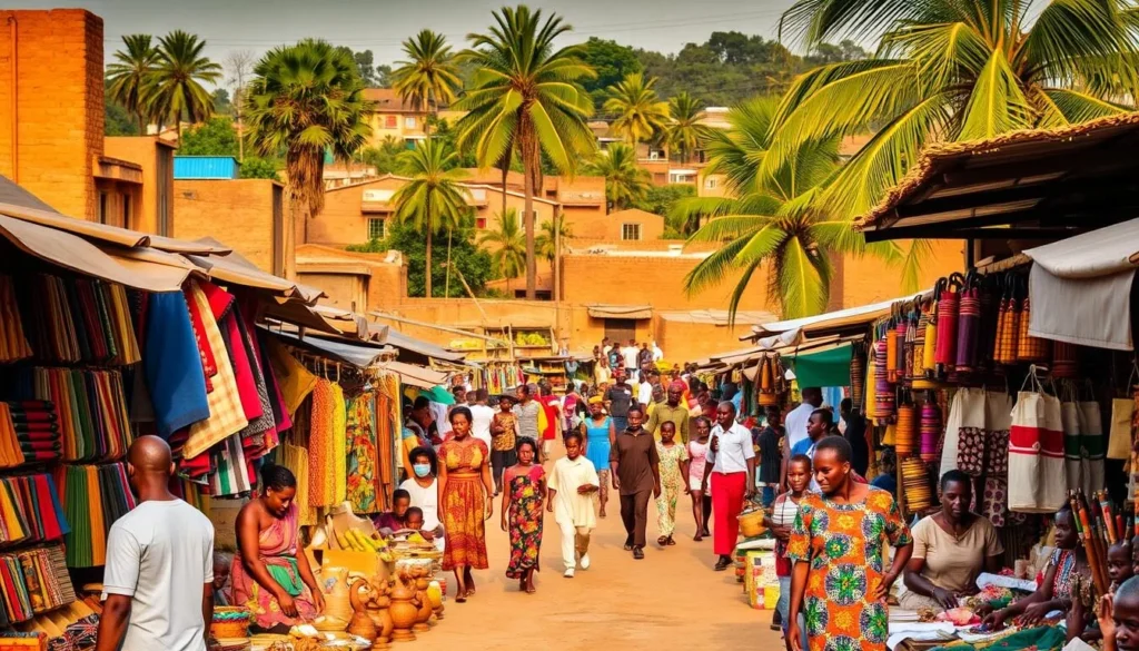 A bustling marketplace in Bouaké, the cultural heart of Ivory Coast. In the foreground, a vibrant array of handcrafted textiles, wooden carvings, and local produce displayed by animated vendors. In the middle ground, a lively crowd of locals and visitors strolling and bargaining, immersed in the energetic atmosphere. In the background, a colorful array of traditional mud-brick buildings and palm trees, bathed in warm, golden-hour sunlight. Capture the essence of Bouaké's rich cultural heritage, its people, and the joyful spirit of this thriving urban center.