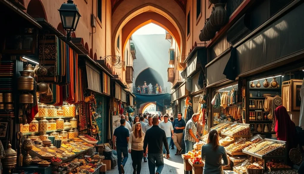 A bustling marketplace in the heart of Casablanca's historic Habous district, also known as the New Medina. Vibrant stalls line the narrow, winding alleys, offering a diverse array of traditional Moroccan goods - colorful textiles, intricate metalwork, fragrant spices, and handcrafted leather goods. Sunlight filters through the archways, casting warm, golden hues across the lively scene. Locals and visitors alike browse the merchandise, immersed in the lively atmosphere of this well-preserved example of Moorish architecture and design.