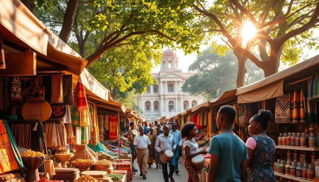 A bustling marketplace in the heart of Kumasi, Ghana's cultural capital. Vibrant stalls display an array of handcrafted textiles, intricate wood carvings, and fragrant spices. In the background, the towering Manhyia Palace stands as a testament to the region's royal heritage. Warm sunlight filters through the lush canopy of trees, casting a gentle glow over the scene. The air is filled with the lively chatter of locals and the rhythmic beat of traditional drums. Capture the essence of Kumasi's rich cultural tapestry, a captivating blend of history, art, and community.