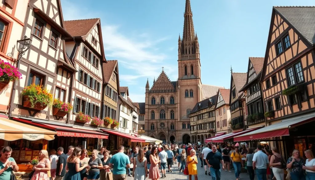 A bustling medieval town square in Alsace, France, on a sunny day. In the foreground, colorfully dressed locals and tourists mingle, sampling regional delicacies from charming market stalls. In the middle ground, a grand cathedral with intricate Gothic architecture stands tall, its steeple reaching towards the azure sky. Ornate half-timbered houses line the square, their flower-adorned window boxes and ornate facades reflecting the vibrant, historic atmosphere. Lively music and laughter fill the air, capturing the celebratory spirit of an Alsatian festival. Warm, golden lighting bathes the scene, evoking a sense of warmth and conviviality. Captured with a wide-angle lens to showcase the bustling energy and architectural splendor of this cherished Alsatian tradition.