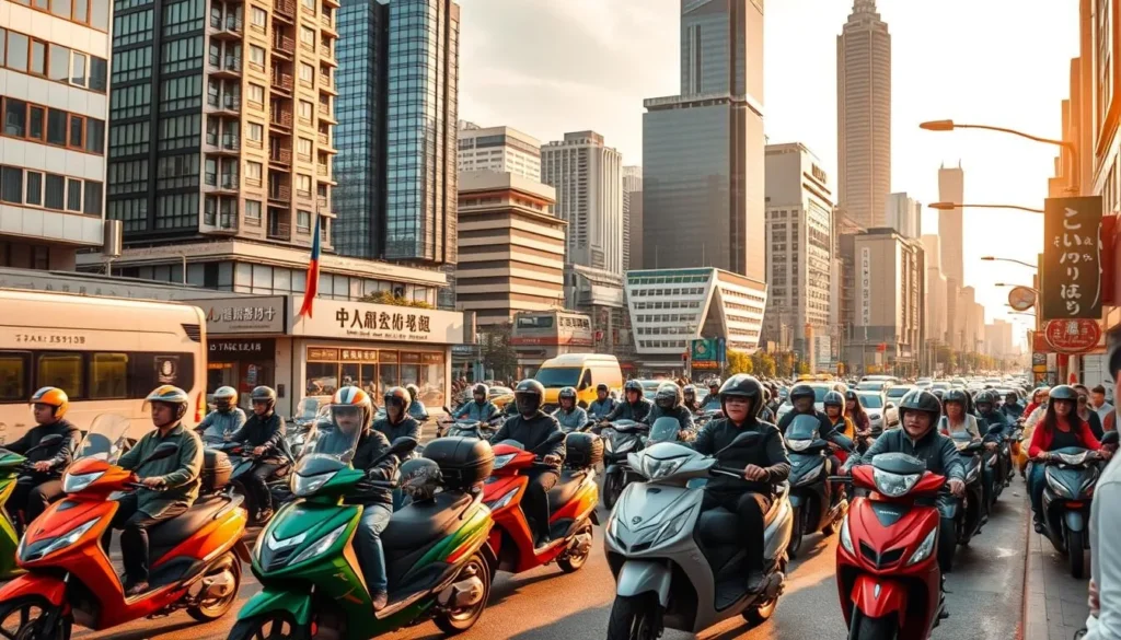 A bustling metropolitan street in Taipei, Taiwan, captured in a wide-angle lens. In the foreground, a fleet of colorful, sleek scooters glide effortlessly through the traffic, their riders weaving with practiced precision. In the middle ground, a mix of modern high-rises and traditional buildings line the streets, their facades bathed in warm, golden sunlight. In the background, the iconic Taipei 101 tower soars above, its distinctive design a testament to the city's architectural prowess. The scene is alive with the energy of the city, the sounds of honking horns and the chatter of pedestrians creating a vibrant, dynamic atmosphere.