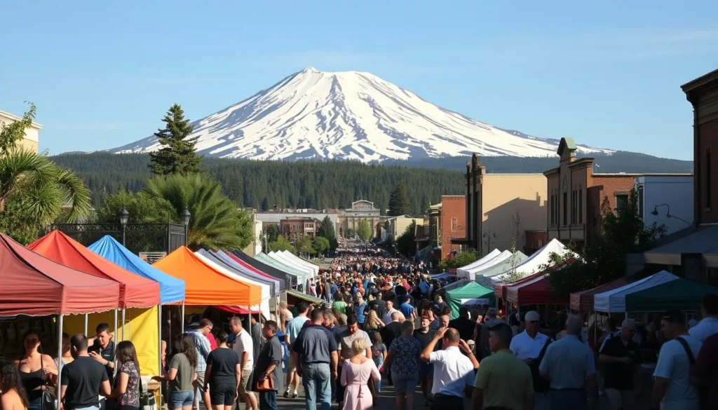 A bustling mountain town, Mount Shasta City comes alive with a vibrant calendar of events. Capture the energy of a summer festival, with locals and visitors mingling amidst colorful tents, live music, and the aroma of local cuisine. In the foreground, a lively crowd gathers around artisan stalls, browsing handcrafted goods. The middle ground showcases the iconic peak of Mount Shasta, its snow-capped summit glowing under warm, golden sunlight. In the background, the town's historic buildings and charming Main Street create a picturesque backdrop, inviting exploration. Convey a sense of community, adventure, and the natural beauty that draws people to this enchanting mountain destination.