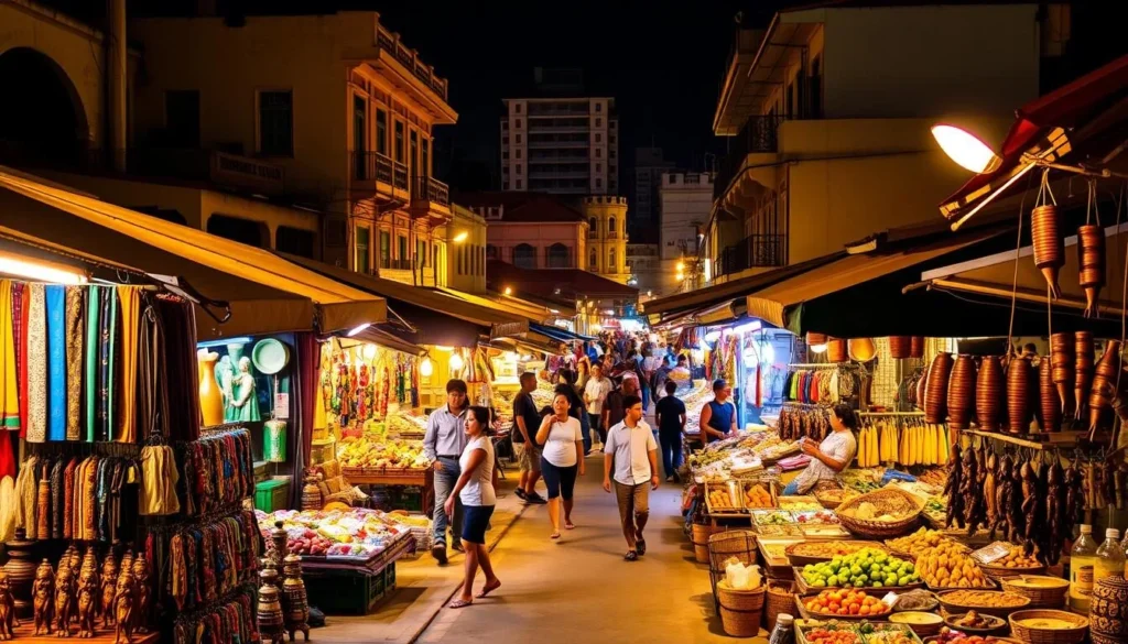 A bustling night market in Kampong Cham, Cambodia, with vibrant stalls and vendors selling an array of local goods. Warm, golden lighting illuminates the scene, casting a cozy glow over the lively crowd browsing handicrafts, fresh produce, and sizzling street food. In the foreground, a central pathway winds through the market, lined with colorful textiles, carved wooden figures, and gleaming trinkets. The middle ground showcases the diverse range of merchandise, from traditional Khmer ceramics to handwoven baskets. In the background, the market is framed by a mix of colonial-era buildings and modern structures, creating a captivating blend of old and new. The overall atmosphere is lively, engaging, and immersive, capturing the essence of local shopping and community in Kampong Cham.