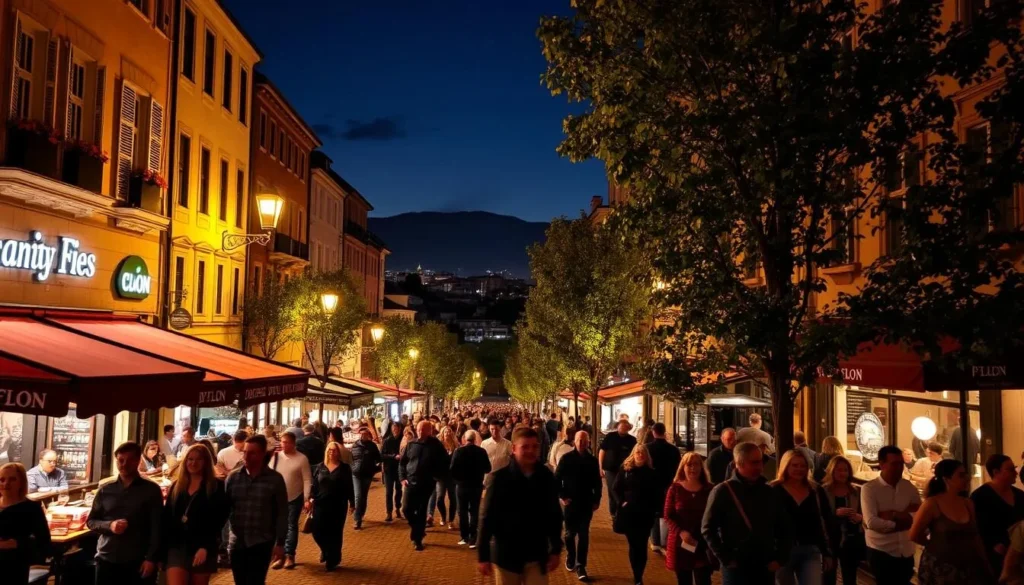 A bustling nightlife scene in the vibrant Flon district of Lausanne, Switzerland. The streetscape is illuminated by the warm glow of cafe and bar lights, casting a cozy ambiance over the lively gathering of locals and visitors enjoying the evening. In the foreground, people stroll along the cobblestone streets, pausing to admire the architectural details of the historic buildings. Further back, the scene is framed by trees lining the sidewalks and the silhouettes of distant hills. The atmosphere is one of energy and conviviality, inviting the viewer to experience the dynamic spirit of this charming urban neighborhood.