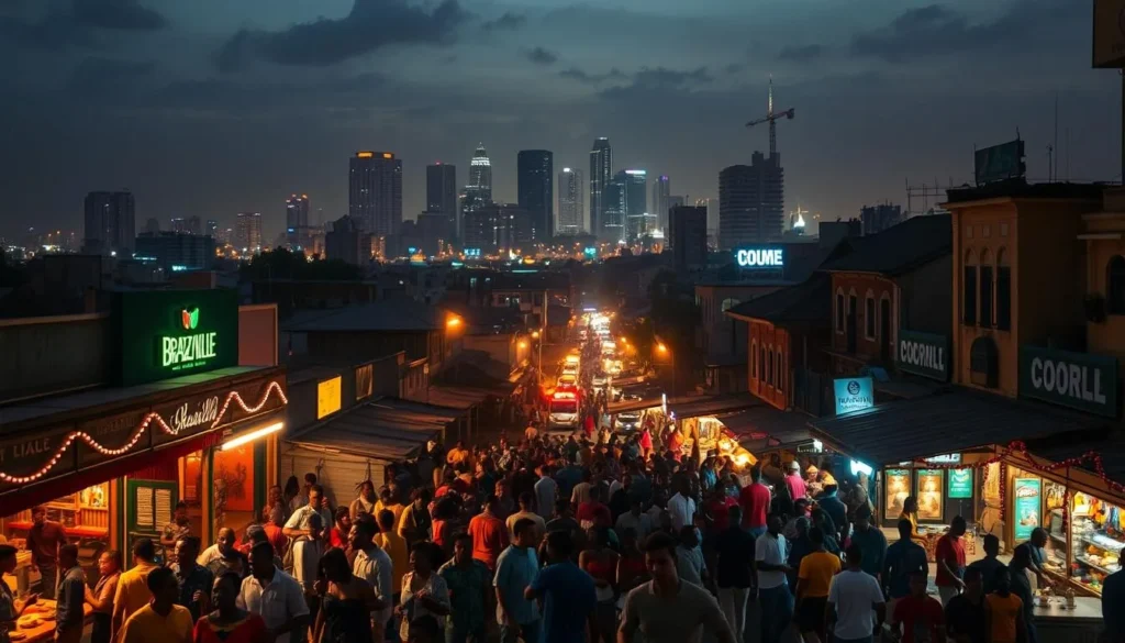 A bustling nightscape in Brazzaville, Congo, illuminated by the warm glow of neon signs and street lamps. In the foreground, people spill out of lively bars and clubs, dancing to the rhythmic beats of local music. The middle ground features busy streets lined with vibrant storefronts, food vendors, and pedestrians. In the background, a skyline of towering skyscrapers and traditional African architecture creates an intriguing contrast. The scene is bathed in a soft, cinematic lighting, capturing the energy and liveliness of Brazzaville's nightlife. Render this scene with a wide-angle lens to convey a sense of immersion and capture the bustling atmosphere.