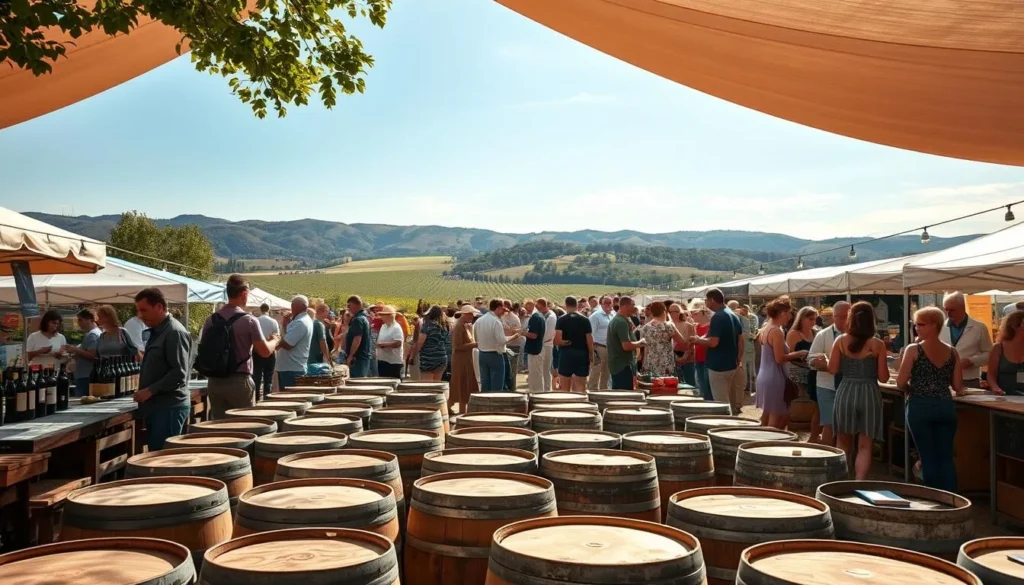 A bustling open-air Rhône Valley wine festival, sun-dappled and lively. In the foreground, rows of wine barrels and crates, with local vintners pouring samples for eager visitors. In the middle ground, a crowd of festivalgoers clinking glasses, chatting animatedly, and browsing artisanal food stalls. The backdrop features rolling vineyards and hills, bathed in the warm glow of the afternoon sun. Capture the vibrant atmosphere, with a vintage-inspired aesthetic and a sense of celebration and community. Use a wide-angle lens to encompass the full breadth of the festival scene.