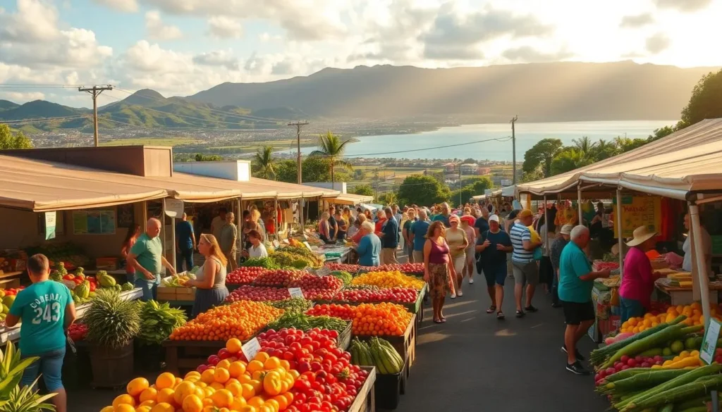 A bustling open-air farmers market nestled in the heart of Hilo, Hawaii's Big Island. The scene is bathed in warm, golden sunlight, casting a vibrant glow over the colorful produce stalls and lively crowds. In the foreground, rows of fresh fruits and vegetables spill out from the stalls, their vibrant hues catching the eye. In the middle ground, people stroll leisurely, browsing the diverse offerings and conversing with friendly vendors. In the background, a backdrop of lush, verdant hills and the distant blue waters of Hilo Bay creates a picturesque island setting. The atmosphere is lively and inviting, reflecting the island's spirit of community and locally sourced abundance.