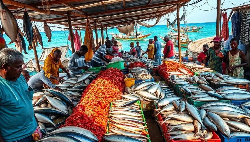 A bustling open-air fish market in Beira, Mozambique. Rows of vibrant stalls display a kaleidoscope of fresh seafood - glistening silver tuna, crimson prawns, and iridescent mackerel. Fishermen in weathered clothes unload their catch, the salty aroma permeating the air. Locals haggle enthusiastically, their voices weaving a lively tapestry. In the background, colorful dhows bob gently on the azure waters of the Indian Ocean. Sunlight filters through the open-air stalls, casting a warm glow and accentuating the vibrant hues. The atmosphere is energetic and inviting, capturing the essence of Beira's thriving market culture.