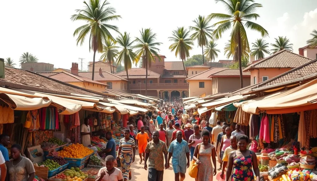 A bustling open-air market in Abomey-Calavi, Benin, filled with vibrant colors and lively activity. In the foreground, local vendors offer an array of fresh produce, handmade crafts, and traditional textiles. The middle ground is a maze of stalls and shoppers navigating the lively atmosphere, while the background features the distinct architecture of the city, with thatched roofs and towering palm trees. The warm, natural sunlight casts a golden glow over the scene, creating a welcoming and immersive experience. Capture the essence of this vibrant community hub, where the sights, sounds, and scents of Beninese culture come alive.