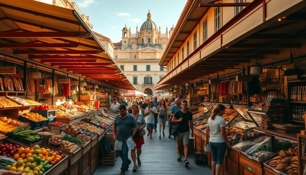 A bustling open-air market in Avignon, France, known as Les Halles, captured on a pleasant sunny day. The foreground showcases an array of fresh produce, artisanal breads, and locally-sourced delicacies displayed on wooden stalls. In the middle ground, lively vendors and eager shoppers navigate the vibrant scene, creating a lively atmosphere. The background features the historic architecture of Avignon, with the iconic Palais des Papes visible in the distance. Warm, natural lighting casts a golden glow over the entire market, lending a inviting and convivial ambiance. Captured with a wide-angle lens to convey the bustling energy and scale of this beloved food destination.