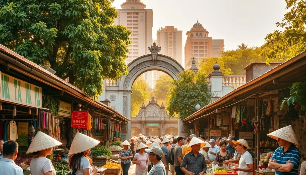 A bustling open-air market in Ho Chi Minh City, Vietnam, Ben Thanh Market is a vibrant hub of local commerce. In the foreground, stalls overflow with an array of fresh produce, colorful textiles, and handcrafted souvenirs. Vendors in conical hats beckon passersby, their voices mingling with the sizzle of street food. The middle ground reveals the market's iconic arched entrance, flanked by intricate architectural details. In the background, tall buildings and lush greenery create a dynamic urban skyline, bathed in warm, golden sunlight. This scene captures the energetic atmosphere and unique character of one of Vietnam's most renowned shopping destinations.