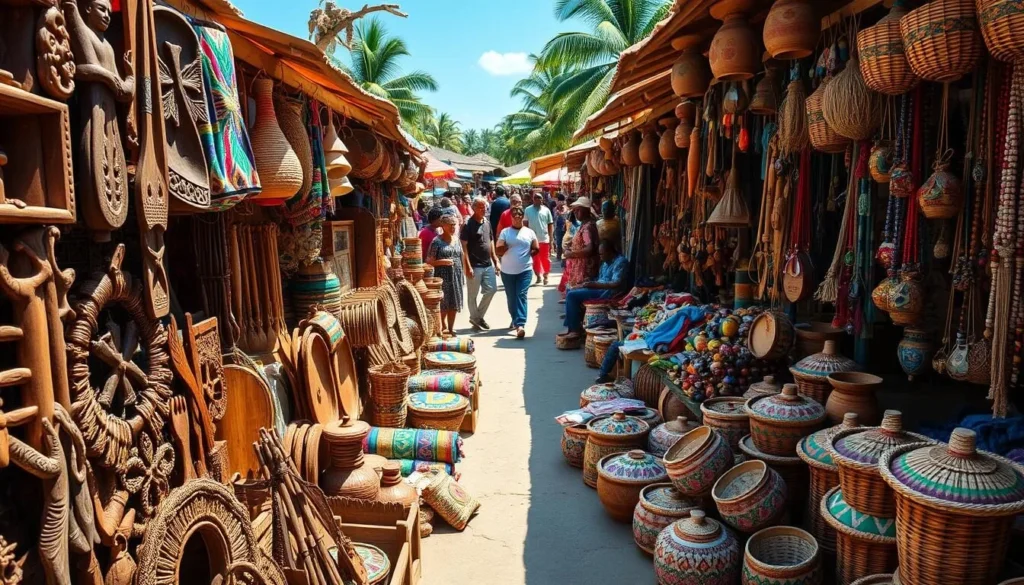 A bustling open-air market in Zanzibar, Tanzania, teeming with vibrant handcrafted artwork. In the foreground, intricate wood carvings, batik fabrics, and colorful woven baskets catch the eye. The middle ground showcases a diverse array of local pottery, jewelry, and traditional musical instruments. In the background, a mix of vendors and shoppers create a lively atmosphere, with the warm tropical sunlight filtering through the shaded stalls. The scene conveys the rich cultural heritage and artisanal traditions of Zanzibar, perfect for a shopper seeking unique souvenirs.
