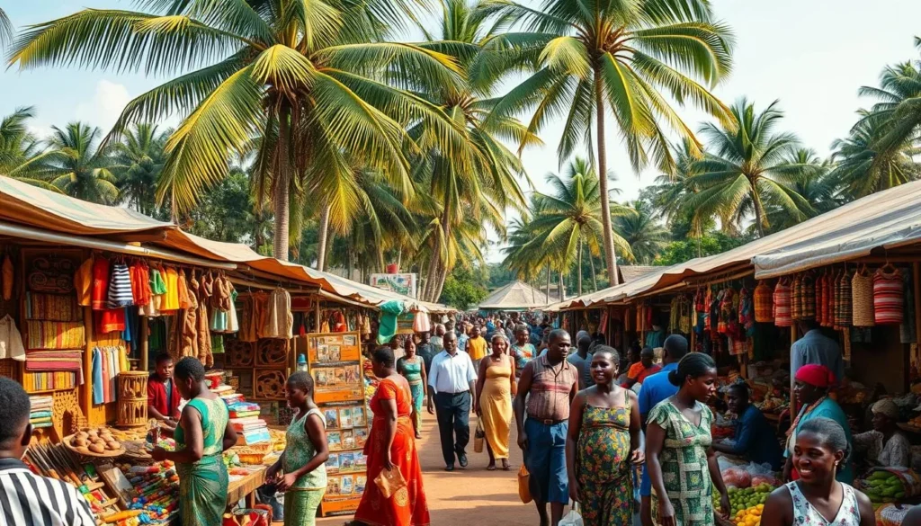 A bustling open-air market in the heart of Bujumbura, Burundi. Vibrant stalls overflowing with locally crafted textiles, wooden carvings, and colorful produce. Vendors haggle cheerfully with customers amidst the lively chatter and rhythmic music. In the background, towering palm trees sway gently, casting warm dappled light across the scene. People of all ages move through the market, immersed in the lively cultural exchange. A wide-angle lens captures the energy and diversity of this authentic cultural experience.