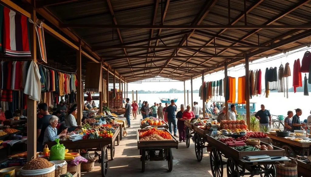 A bustling open-air market in the heart of Kratie, Cambodia, with a vibrant display of colorful textiles, aromatic spices, and locally-sourced produce. Sunlight filters through the covered stalls, casting warm shadows on the lively crowd of local vendors and curious shoppers. Wooden carts laden with fresh fruits and vegetables, handwoven baskets, and traditional handicrafts line the walkways, creating a scene of authentic Cambodian commerce. In the background, the majestic Mekong River flows serenely, adding to the serene atmosphere of this quintessential Southeast Asian market experience.