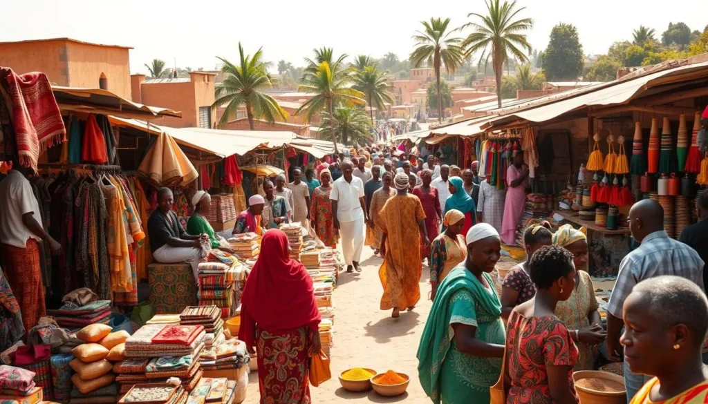 A bustling open-air market in the heart of Zaria, Nigeria, overflowing with vibrant colors, intricate patterns, and a lively atmosphere. In the foreground, vendors hawk their wares - colorful fabrics, handcrafted leather goods, and fragrant spices. The middle ground is a maze of stalls and shoppers, each person immersed in the energy of the market. In the background, glimpses of traditional mud-brick buildings and lush, palm-lined streets create a sense of place. The scene is bathed in warm, natural light, casting a golden glow over the entire tableau. The mood is one of bustling activity, cultural richness, and the thrill of discovery.