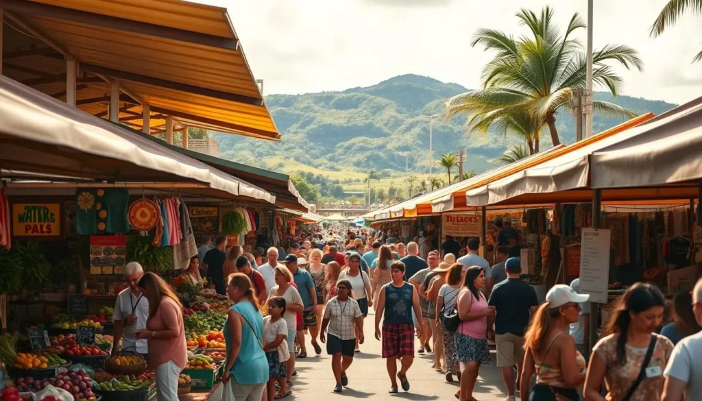 A bustling open-air market on a sunny day in Hilo, Hawaii. Rows of vibrant stalls overflowing with fresh local produce, handcrafted goods, and cultural offerings. In the foreground, vendors enthusiastically engage with customers, while the middle ground captures the lively crowds navigating the market's maze of colorful canopies. The background reveals the lush, verdant landscape of the Big Island, creating a harmonious blend of natural and human activity. Warm, diffused lighting casts a golden glow, evoking a welcoming, festive atmosphere. The scene conveys the energy, diversity, and authentic charm of the Hilo Farmers Market on its busiest days.